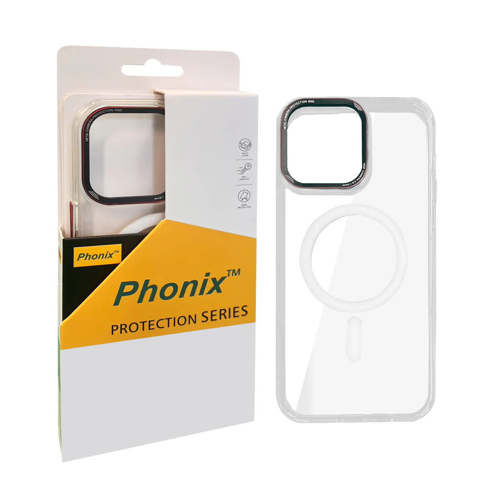 Phonix Case For iPhone 15 Pro Clear Armor Hard Case Magsafe With Metal Lens Protection Ring - White