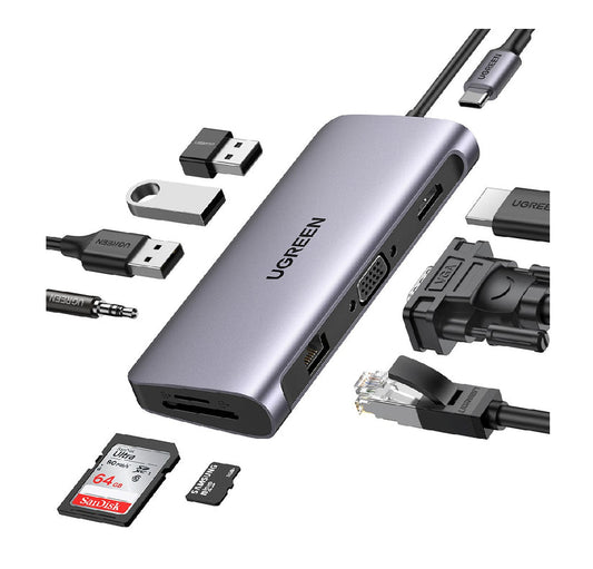 UGREEN 10-in-1 USB-C HUB TO 3xUSB 3.0 A, HDMI, VGA, RJ45, SD/TF, AUX, USB-C PD