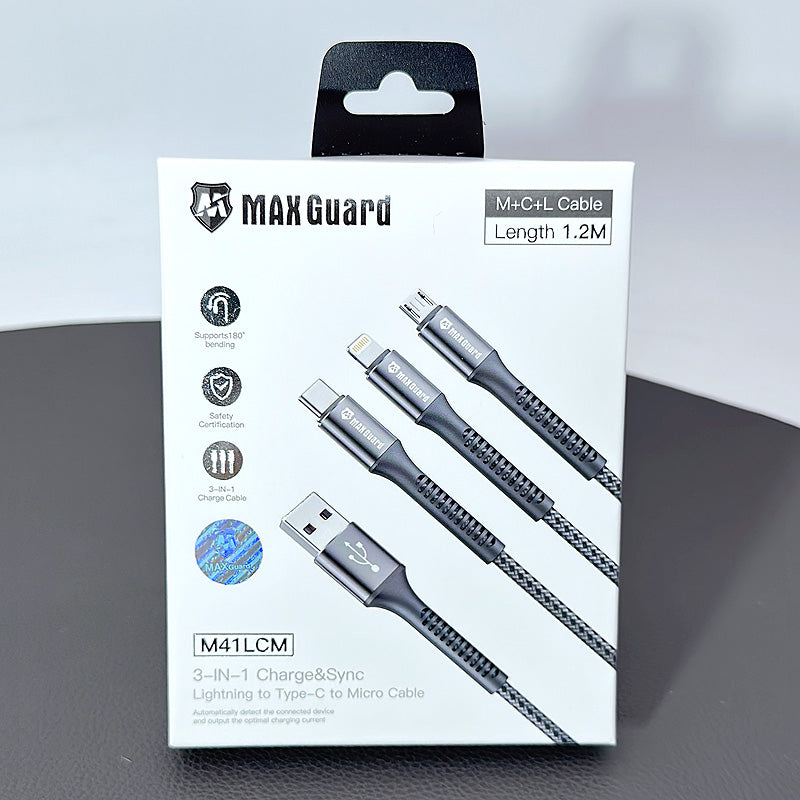 Charging cable Maxguard 1.2M 3in1 USB-A To Lightening, Type-C, Micro USB Braided Cable