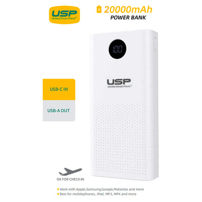 USP Universal Power Bank 20K mAh (20000mAh) White with 2 USB Outputs and 2 Input