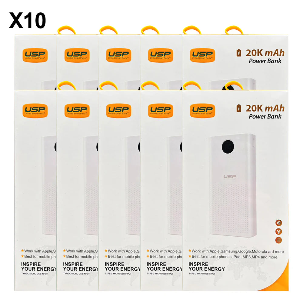 USP Universal Power Bank 20K mAh (20000mAh) White with 2 USB Outputs and 2 Input