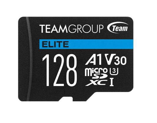 Team Group Elite A1 MicroSDXC Memory Card 128GB, R/W (Max) 100MB/s 50MB/s, 1500/500 IOPs, V30, UHS-I U3 With SD Adapter