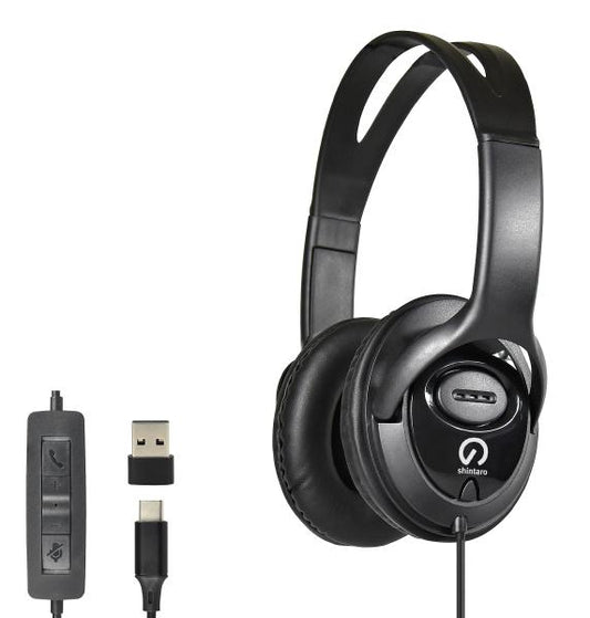 Headphone Shintaro Over-The-Ears USB-C Headset with In-Line microphone - Includes USB-C to USB-A adaptor for use with Laptops