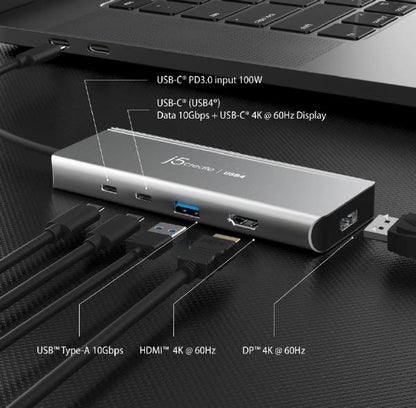 USB Hub J5create JCD401 USB4 Dual Display 4K Multi-Port Docking Hub - Featuring Intel USB4 Controller (USB-C to DP, HDMI, USB-C Display, USB-C 85w PD P/T)