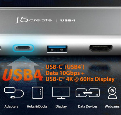 USB Hub J5create JCD401 USB4 Dual Display 4K Multi-Port Docking Hub - Featuring Intel USB4 Controller (USB-C to DP, HDMI, USB-C Display, USB-C 85w PD P/T)