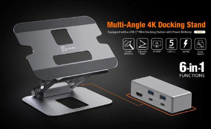 Adjustable rigid J5create JTS327 Multi-Angle single 4K HDMI Docking Laptop Stand with USB-C Pass Through (USB-C Dock w/ 4K HDMI, 2 x USB-A, USB-C Host, USB-C 100W PD)