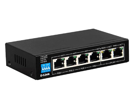 For surveillance deployments D-Link 6-Port Unmanaged PoE Switch with 4 PoE RJ45 and 2 Uplink RJ45 Ports
