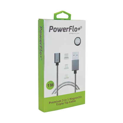 PowerFlo Premium 3 in 1 Magnetic Triple Tip Cable Braided cable Strong Hold - Grey