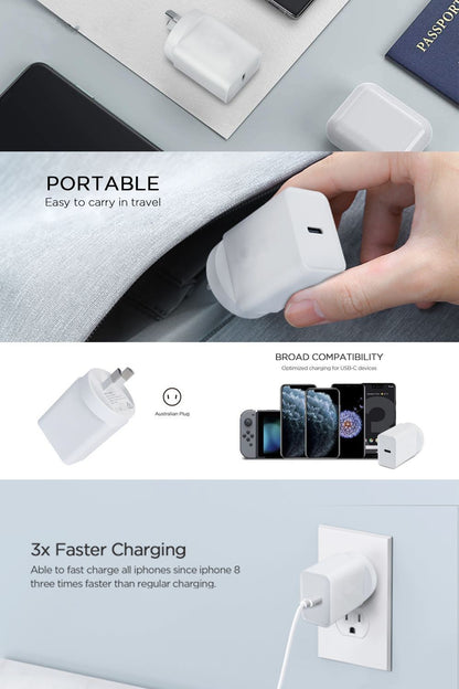 Genuine USB-C 20W PD Power Adapter With Smart IC-SAA Approved Fast Charge Wall/Ac Charger