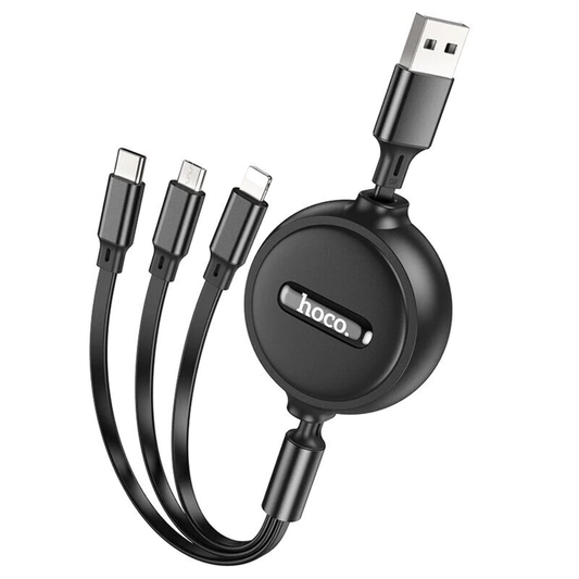 Hoco X75 3 in 1 Charging Retractable 1m Cable USB A to USB-C, iPhone, Micro-USB - Black