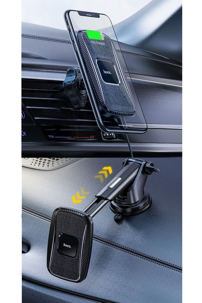 Hoco Wireless Car Charger 15W Air vent Mount Fast Charging Magnetic Clamp 2in1- Black