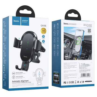 Hoco Wireless Car Charger 15W Air vent Mount Fast Charging Three Axis Linkage - Black