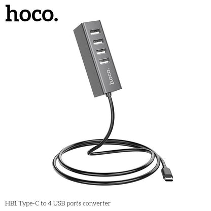 Hoco 4 USB Hub Smart Splitter Compact Design Fast Charging Station Interface - Black