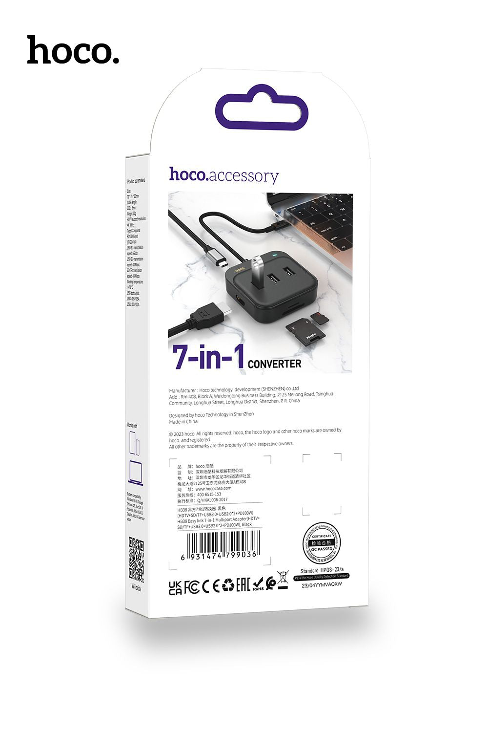 Hoco HB38 USB HUB Type-C PD100W Easy link 7-in-1 Multiport Adapter HDMI SD TF 4USB - Black