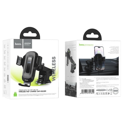 Hoco HW3 Portable 15W Fast Wireless Charger Car Holder - Black-dash mount Kickstand