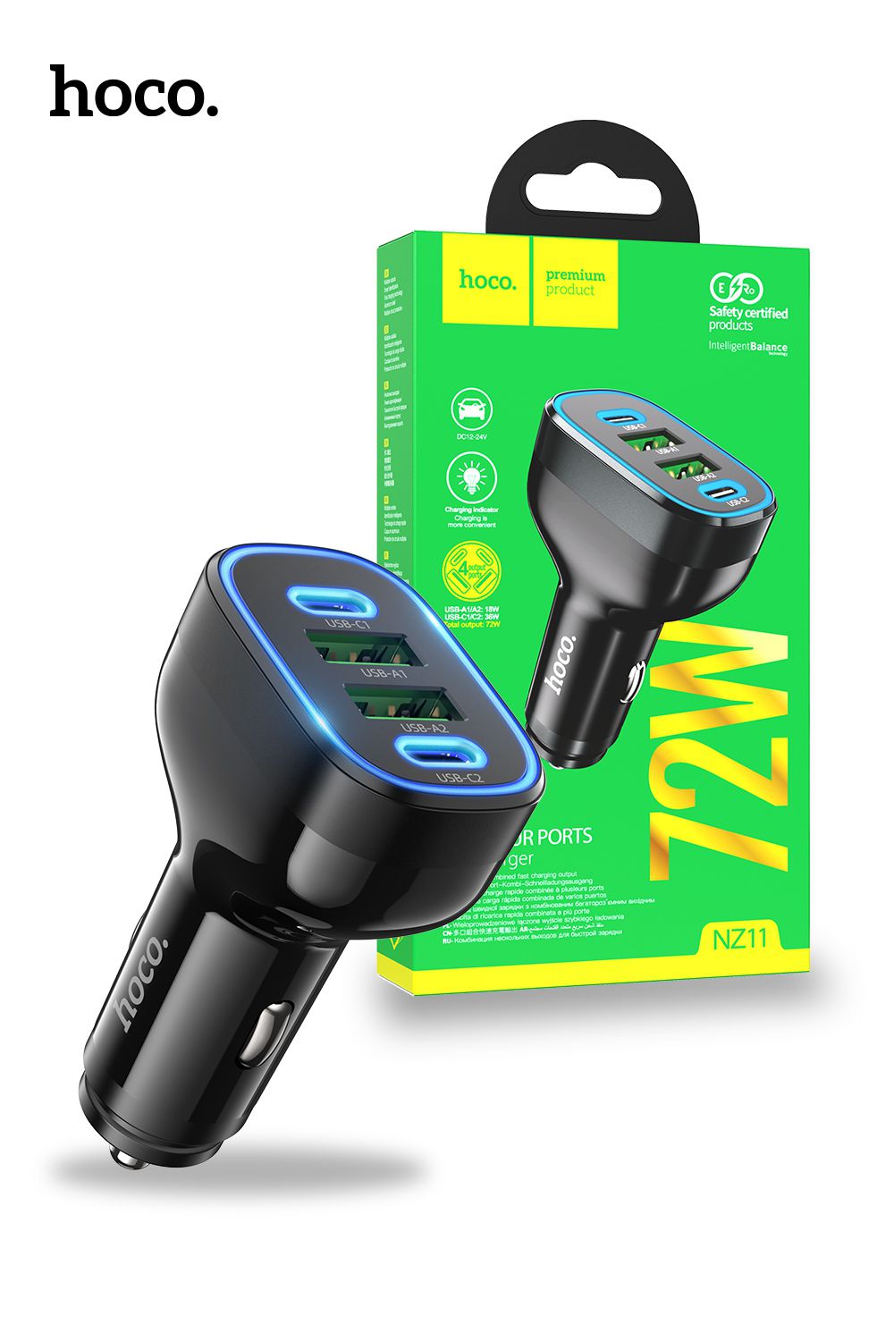 Univerasl Fast Guide PD72W 2C 2A Ports Car Charger For Smart Devices - Black