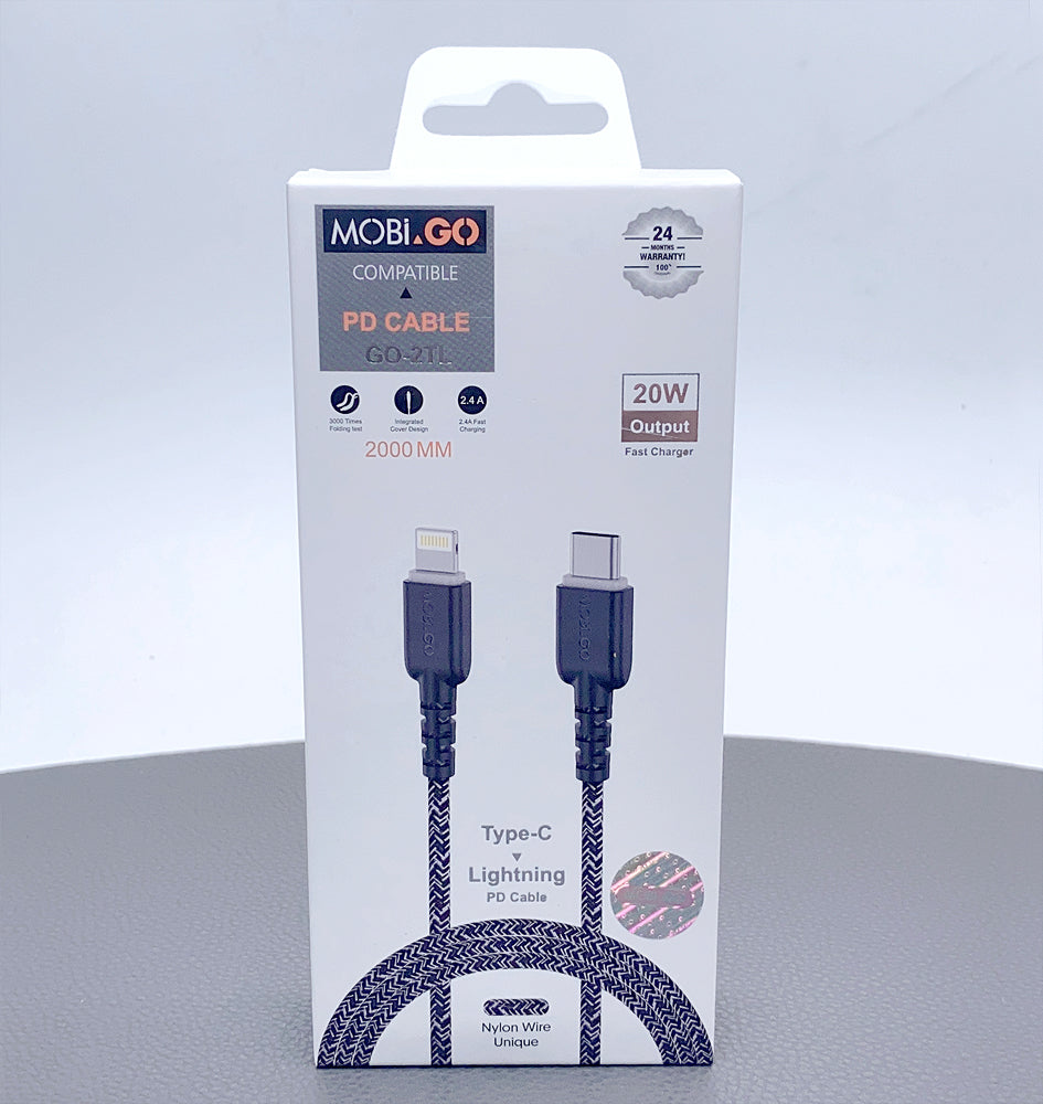 Braided Fast Charging Cable Mobigo 2m Nylon PD 65W Type-C To Lightening Cable