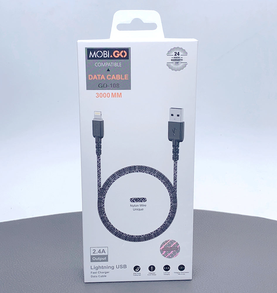 Braided Fast Charging Cable Mobigo 3m Nylon PD 65W USB-A To Lightening Cable
