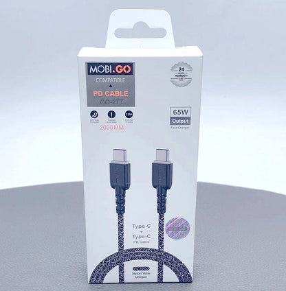 Braided Fast Charging Cable Mobigo 2m Nylon PD 65W Type-C To Type-C Cable