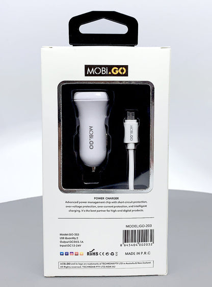 Universal Mobigo Dual USB Ciggratte Port Car Fast Charger with USB Type-C Cable