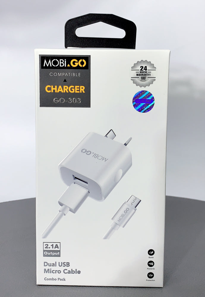 Power Adapter Mobigo Dual USB Fast Home wall Charger With 2.1A Micro USB Cable