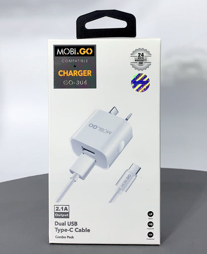 Dual Port USB-A Power Adapter Mobigo Dual USB Fast Home Charger With Type-C Cable