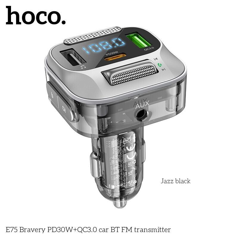 Hoco Car Bluetooth 5.0 30W Wireless FM Transmitter QC3.0 Fast Charger USB-C E75