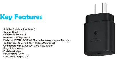 USB-C 25W AC Charger Black for Samsung S22 Ultra, Plus, S20, Note 20 and all